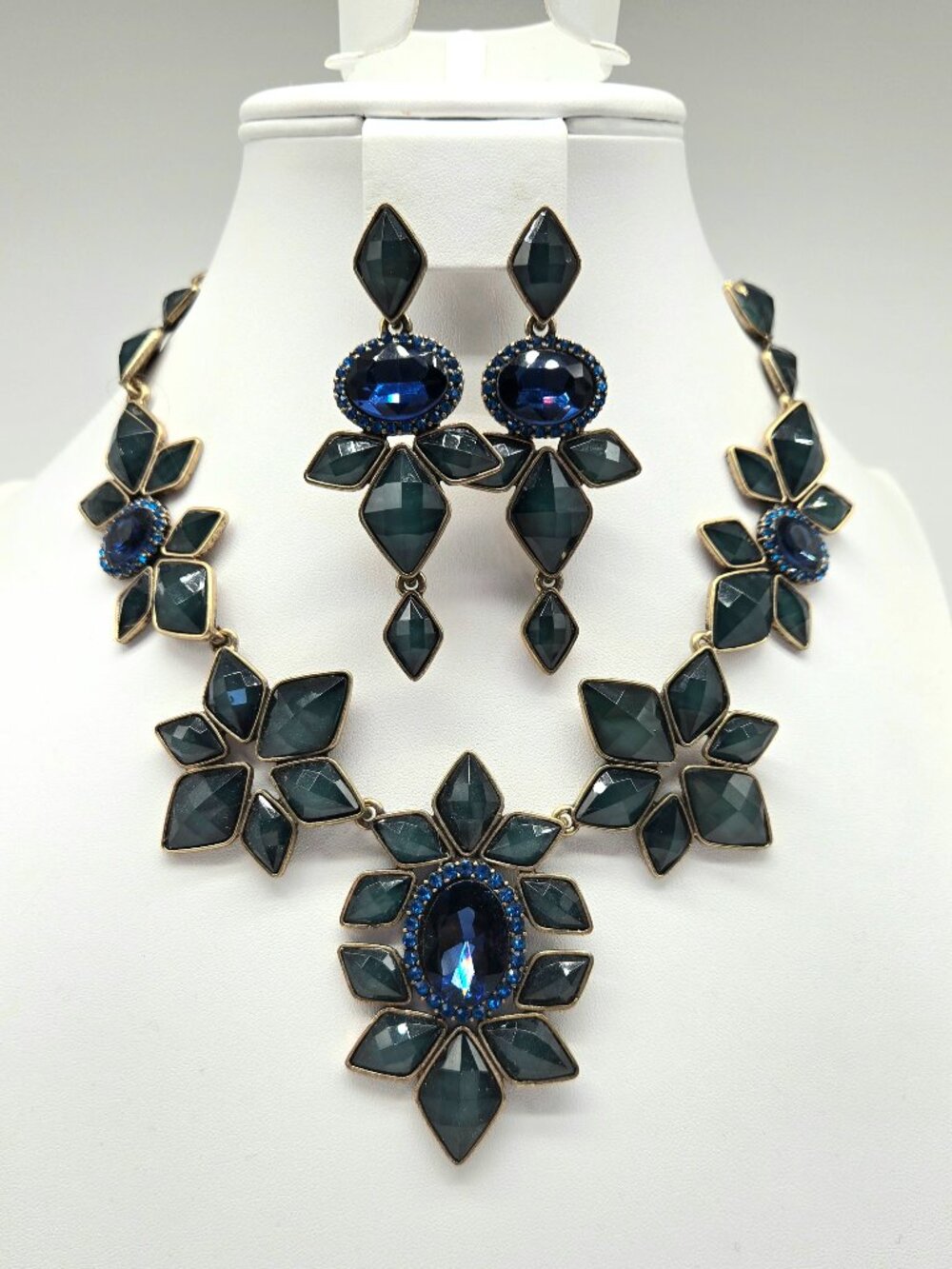 Oscar de la Renta Teal and Blue Crystal Statement Necklace and Earring Set